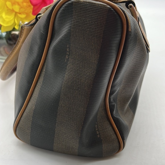 Fendi 1925 Pequin Boston Brown Tan Stripe Vintage Leather Handle Satchel Bag - Picture 5 of 16